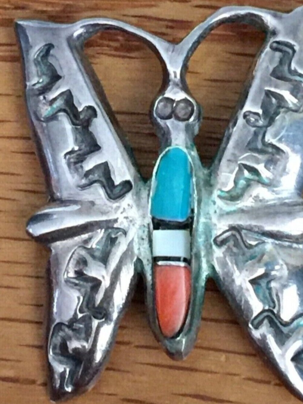 VINTAGE ZUNI INLAY TURQUOISE CORAL STERLING SILVER BUTTERFLY BROOCH PIN SIGNED